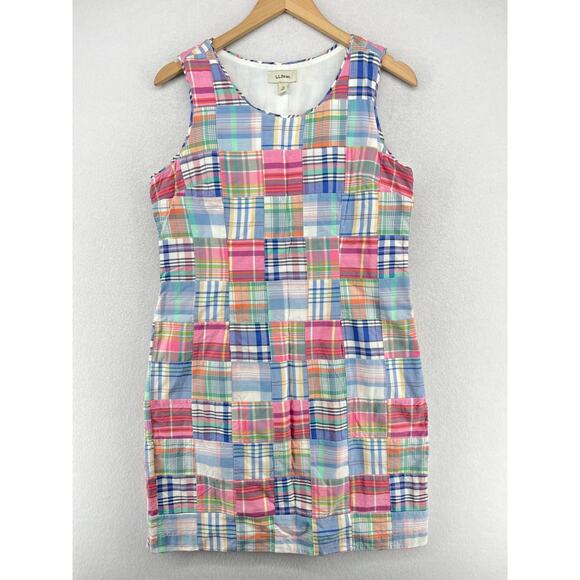 L.L. Bean Dresses & Skirts - LL BEAN Dress 10P Petite Madras Patchwork Plaid Sleeveless Mini Sheath Blue